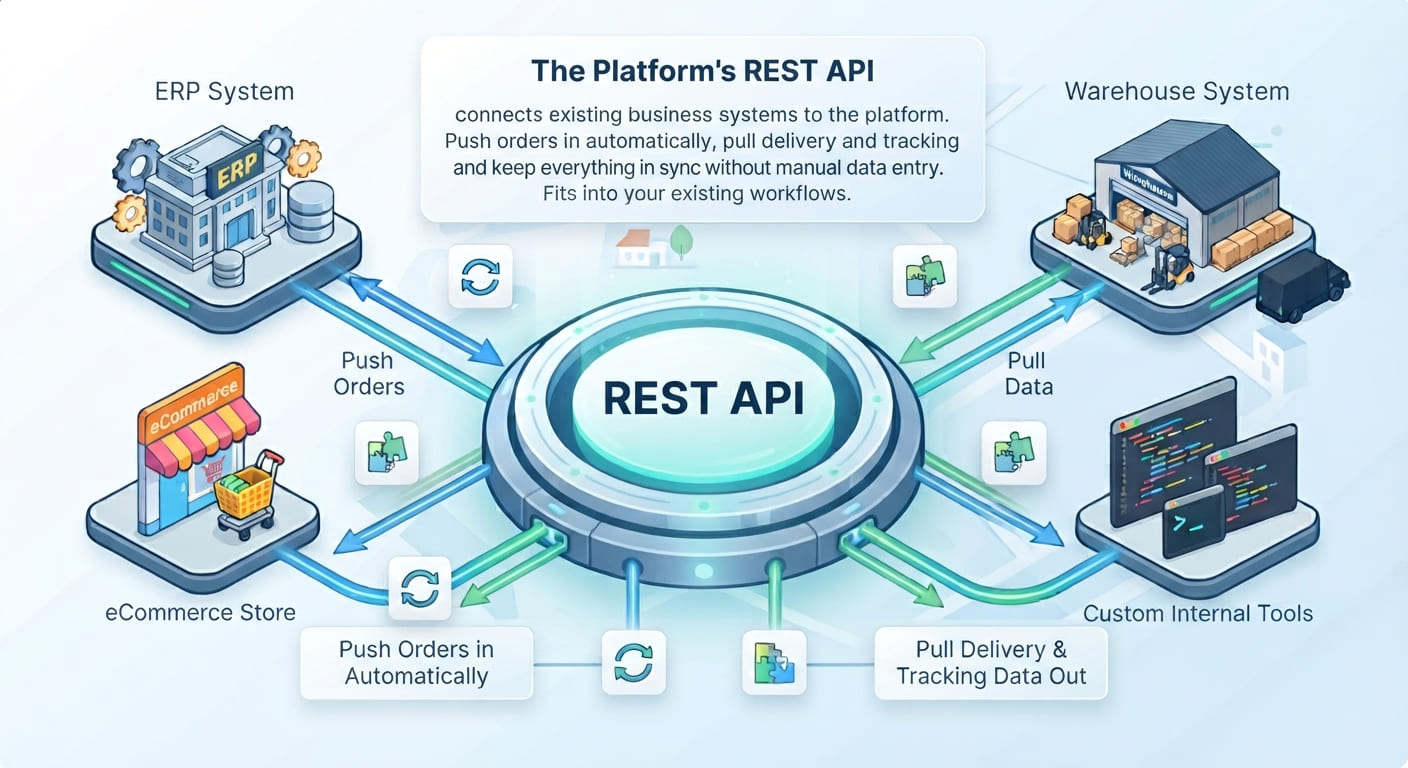 Egomoov platform connected to business systems via REST API