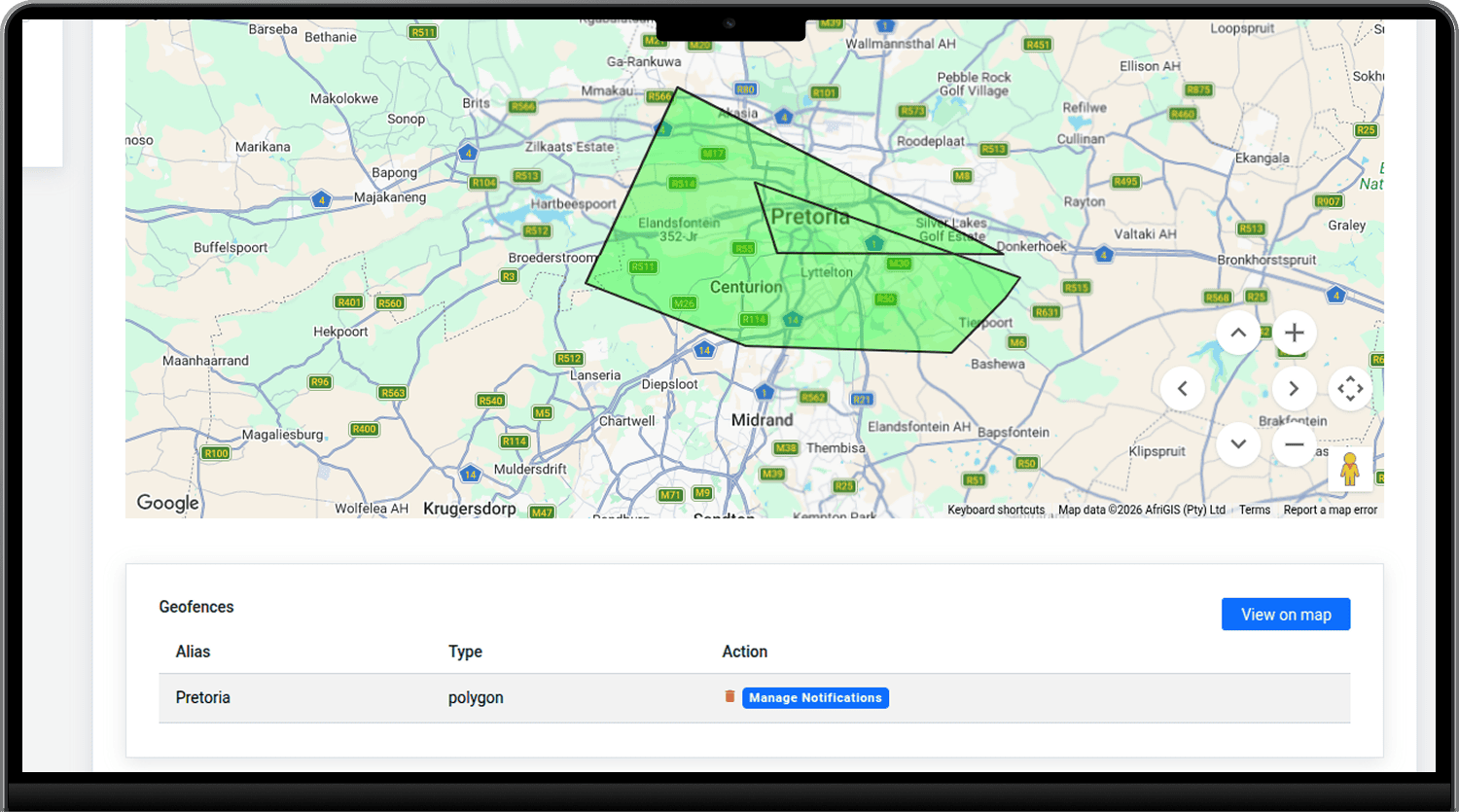Geofence alert in the Egomoov platform