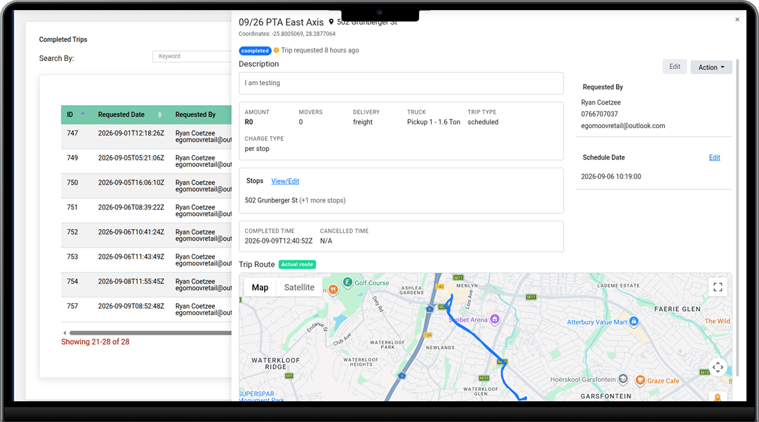 Egomoov web portal for trip dispatch and management